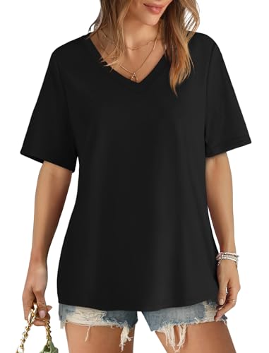 Womens Summer Tops Loose Fit Casual V Neck T Shirts Short Sleeve Tshirts Plus Size Black XXL