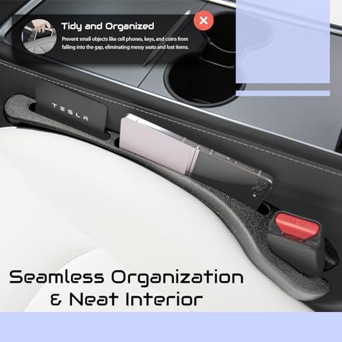 Add-On Car Seat Gap Filler 2 Pack with Seat Belt Holes, Auto Crevice Blockers 2PCS Fill Gap in Between Seat and Console, Universal car Gap Filler, Tesla Model 3 Y Accessories, Black