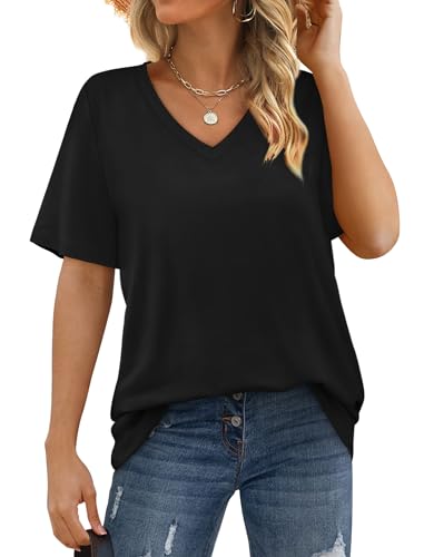 Womens Summer Tops Loose Fit Casual V Neck T Shirts Short Sleeve Tshirts Plus Size Black XXL