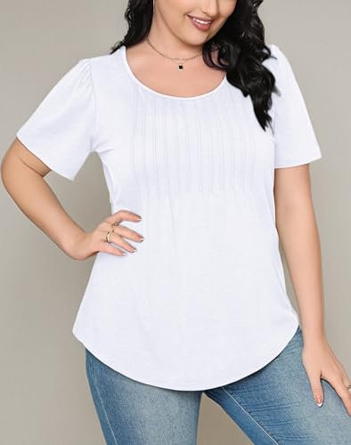 Womens T Shirts Summer Pleating Round Neck Short Sleeve Plain Tops White XL