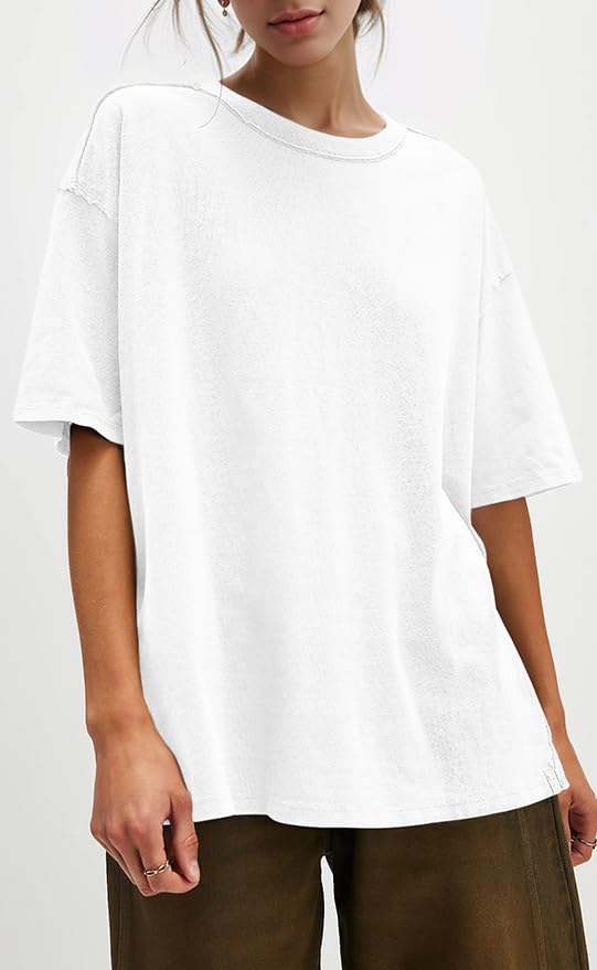 UNCLECAT Womens Oversized T Shirts Summer Trendy Short Sleeve Crew Neck Tops Loose Fit Side Slit Tee White