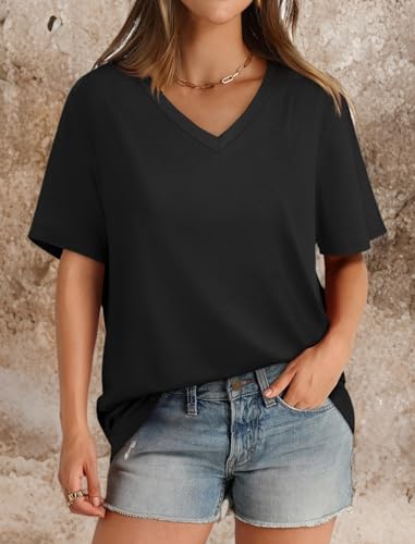 Womens Summer Tops Loose Fit Casual V Neck T Shirts Short Sleeve Tshirts Plus Size Black XXL