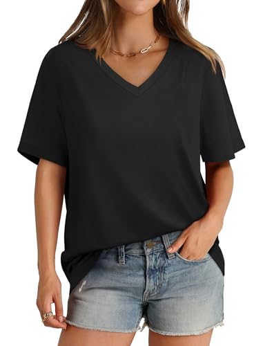 Womens Summer Tops Loose Fit Casual V Neck T Shirts Short Sleeve Tshirts Plus Size Black XXL