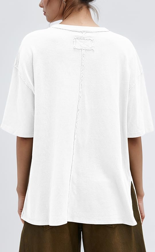 UNCLECAT Womens Oversized T Shirts Summer Trendy Short Sleeve Crew Neck Tops Loose Fit Side Slit Tee White