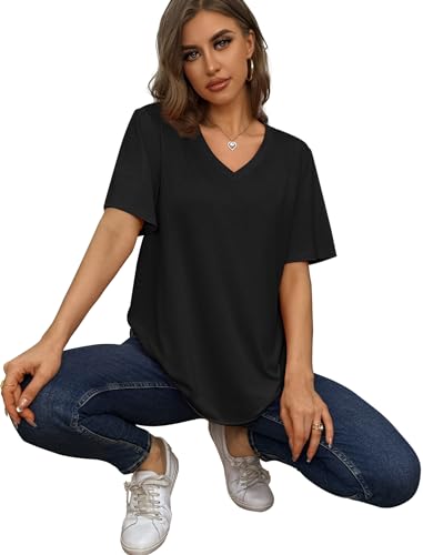 Womens Summer Tops Loose Fit Casual V Neck T Shirts Short Sleeve Tshirts Plus Size Black XXL