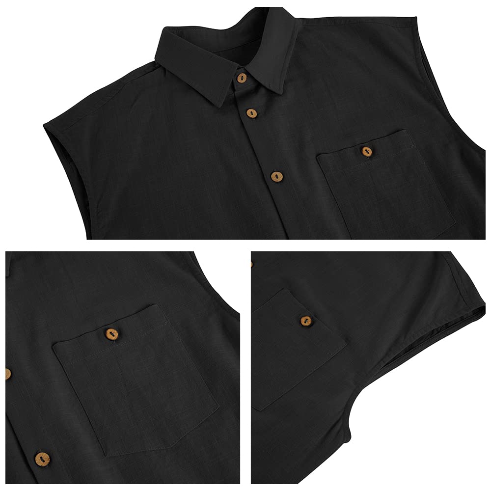 Fommykin Men's Linen Sleeveless Shirts Button Down Beach Tank Top Basic Solid Shirt Vest with Pocket Black