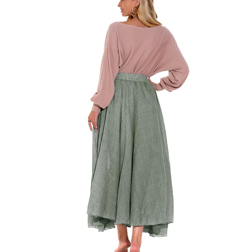 ASHER FASHION Women's Bohemian Style Elastic Waist Band Cotton Linen Long Maxi Skirt Dress (95CM, Light Green)