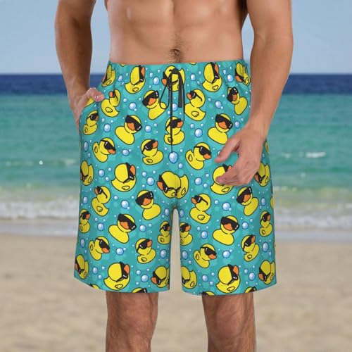 FREEHOTU Men's Swim Trunks Yellow Duck Sunglasses Teal Blue Beach Board Shorts Quick Dry Swimwear Sports with Pockets Large