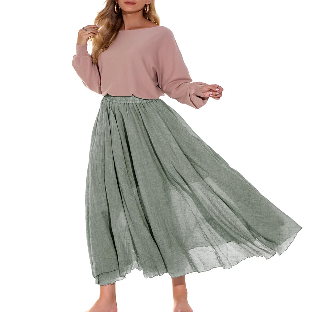 ASHER FASHION Women's Bohemian Style Elastic Waist Band Cotton Linen Long Maxi Skirt Dress (95CM, Light Green)