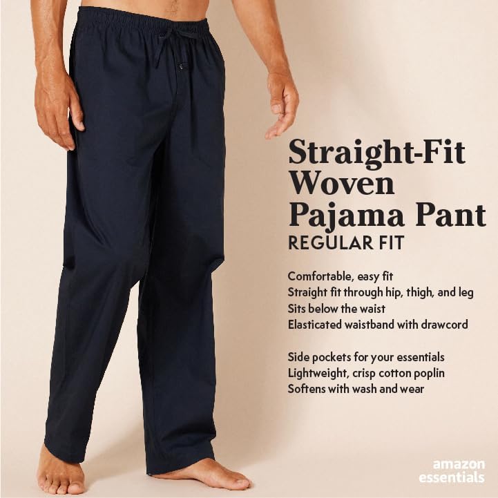 Amazon Essentials Men's Straight-Fit Woven Pajama Pant with Pockets, Navy, Large