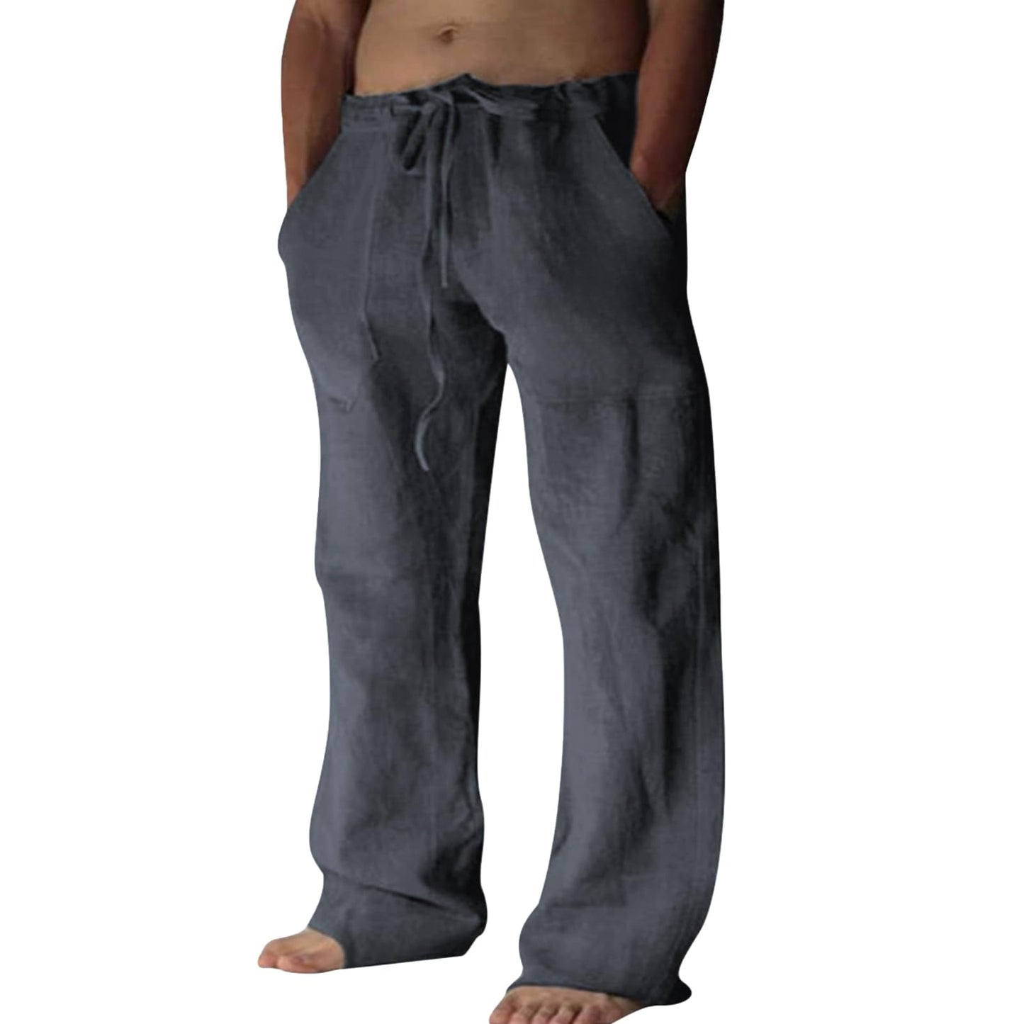 Puimentiua Cotton Linen Pants Men Casual Loose Fit Elastic Drawstring Waist Summer Beach Pants(Dark Gray,L)