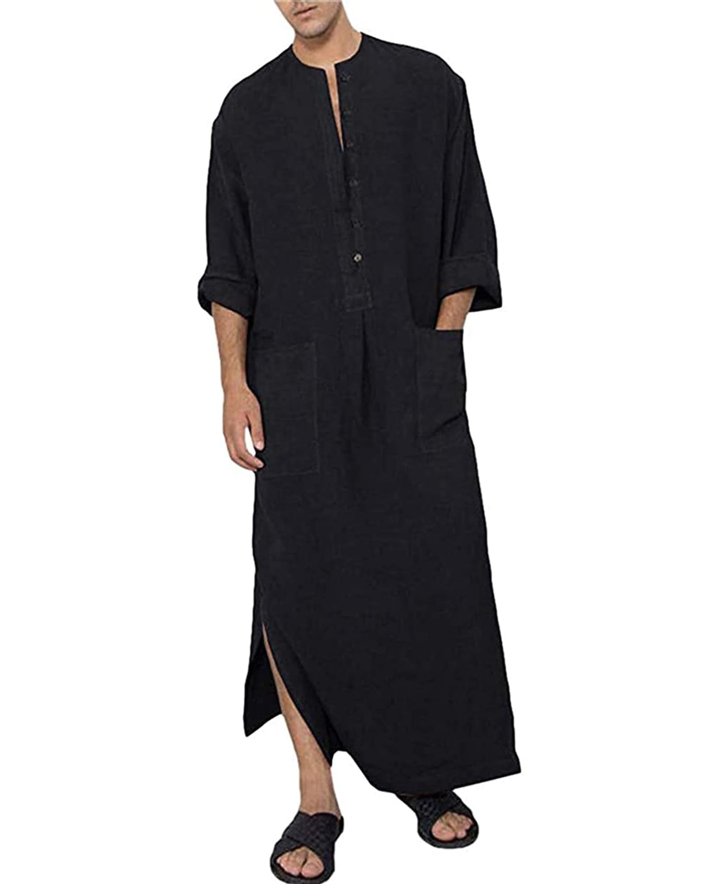 YAOHUOLE Men's Muslim Thobe Long Sleeve Caftan Side Split Kaftan Long Gown Thobe with Pockets Black M