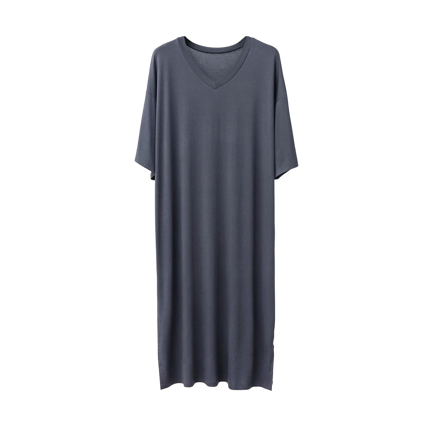 ASHER FASHION Mens Nightshirt Cotton Modal Nightgown V Neck Short Sleeve PJ Soft Long Sleepwear Loose Pajamas Sleep Shirt Deep Gray