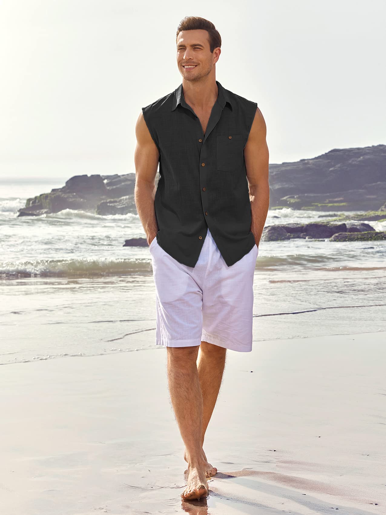 Fommykin Men's Linen Sleeveless Shirts Button Down Beach Tank Top Basic Solid Shirt Vest with Pocket Black