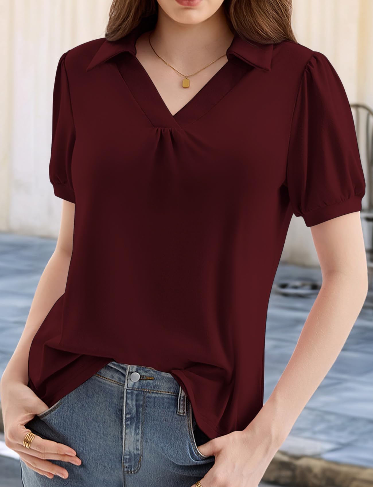LA BAIESO Womens Puff Short Sleeve Polo Shirts V Neck Dressy Business Casual Summer Collared Tops Loose Tunic Cute Blouses