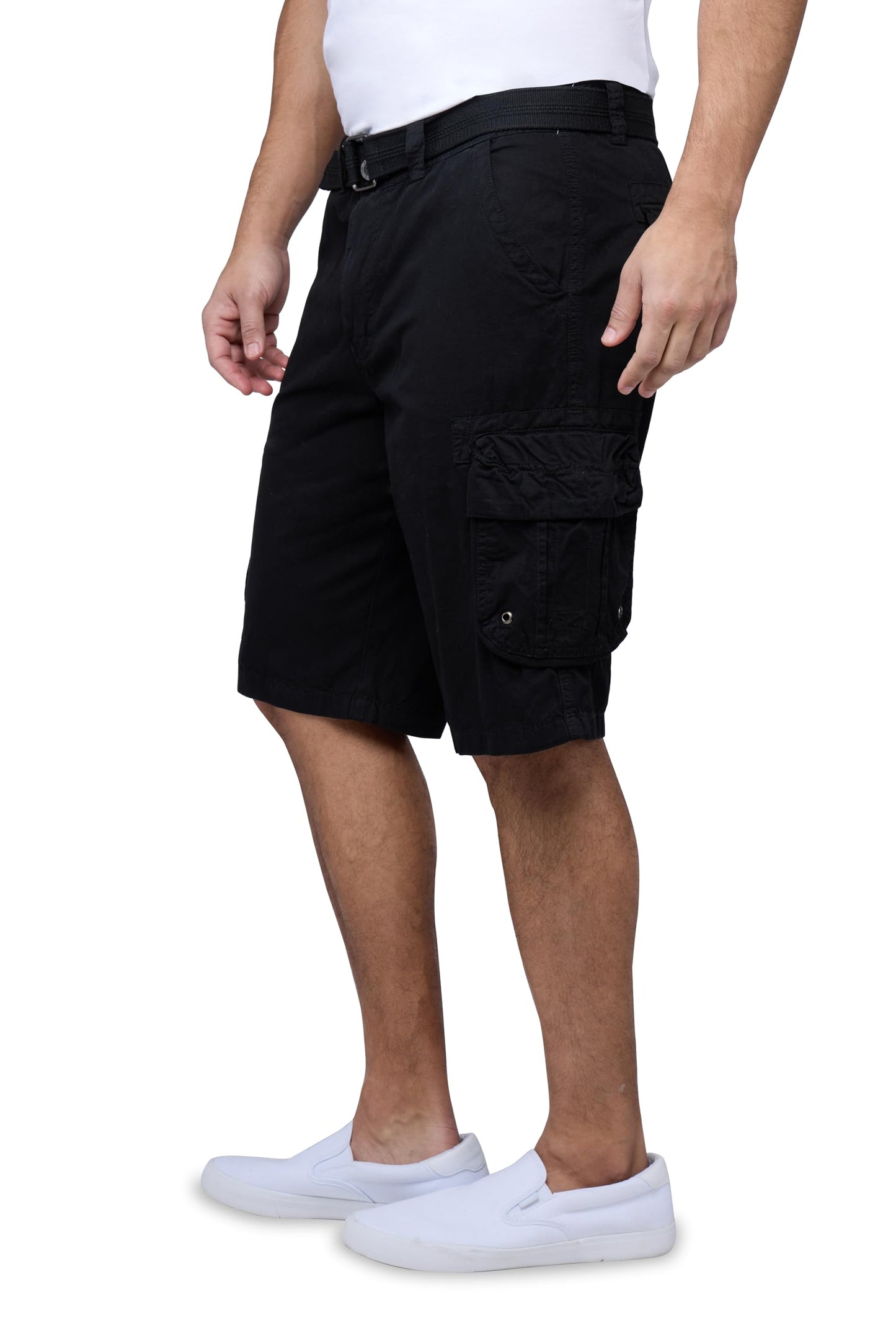 RAW X Mens Belted Cargo Shorts, Relaxed Fit Casual Knee Length Cargo Shorts for Men, Black, 28