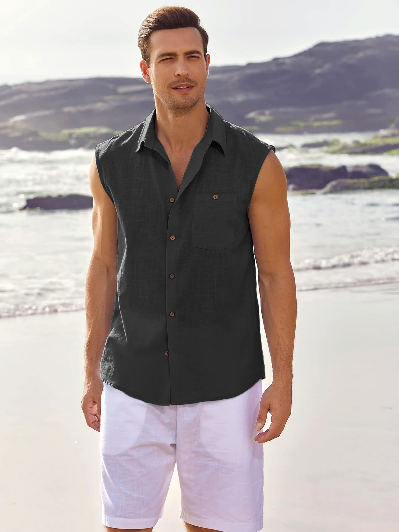 Fommykin Men's Linen Sleeveless Shirts Button Down Beach Tank Top Basic Solid Shirt Vest with Pocket Black