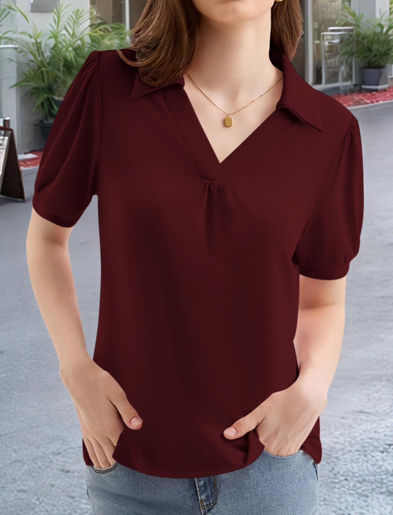 LA BAIESO Womens Puff Short Sleeve Polo Shirts V Neck Dressy Business Casual Summer Collared Tops Loose Tunic Cute Blouses