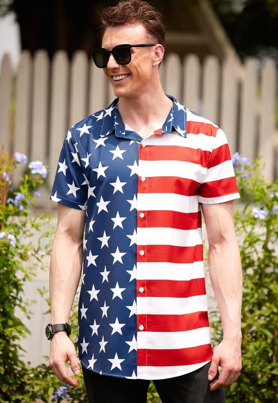 Arvilhill Men's American Flag Button Shirt Casual US Flag Button Down Shirt Fourth of July Traveling Button T-Shirt L