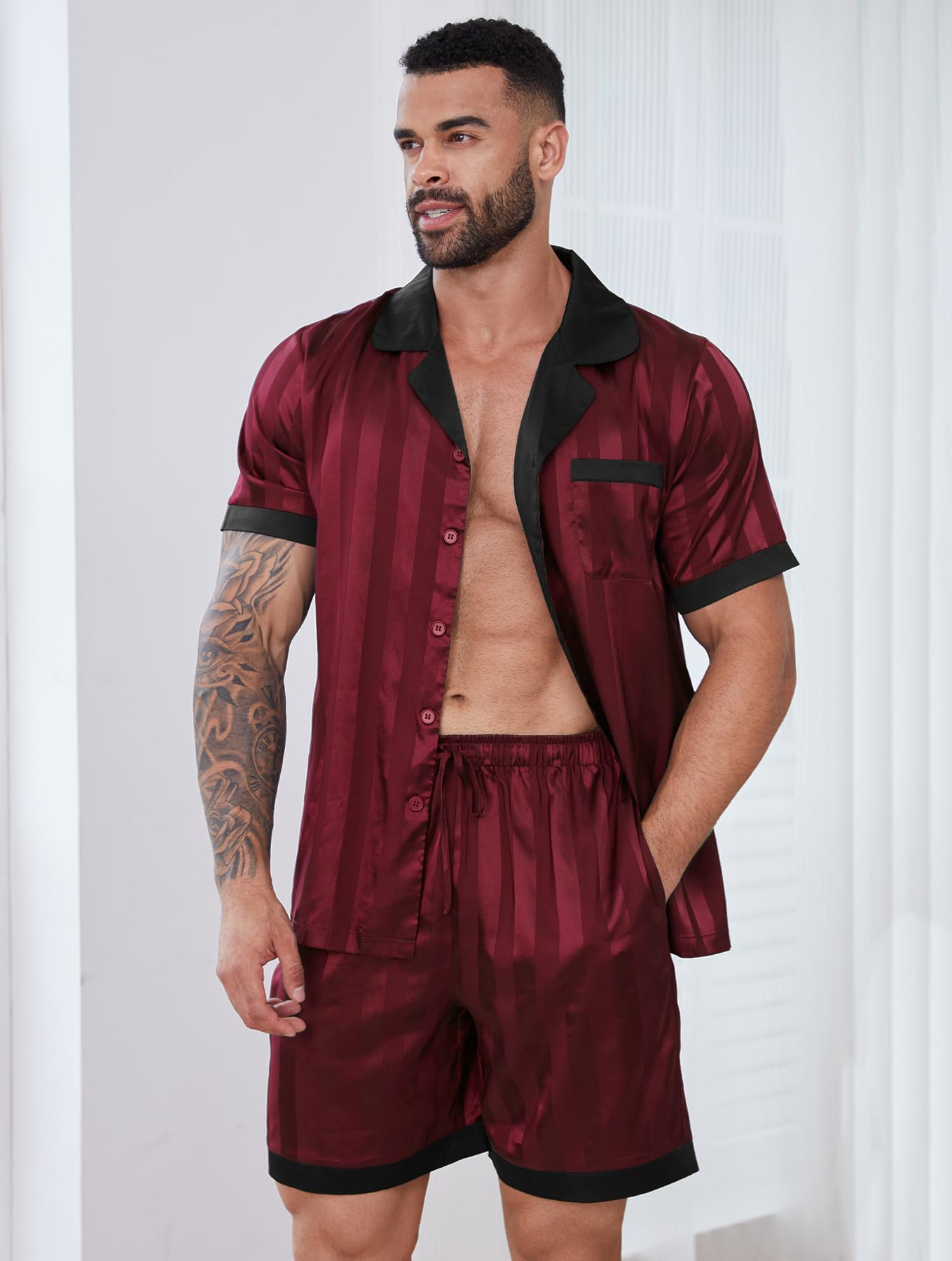 DEARCASE Mens Pajamas Set Satin Silk Sleepwear Shorts Wine Red Black X-Large Sexy Nightwear Button Down 2 Piece Slumber Party Christmas Birthday Loungewear Sets Father Boyfriend Husband