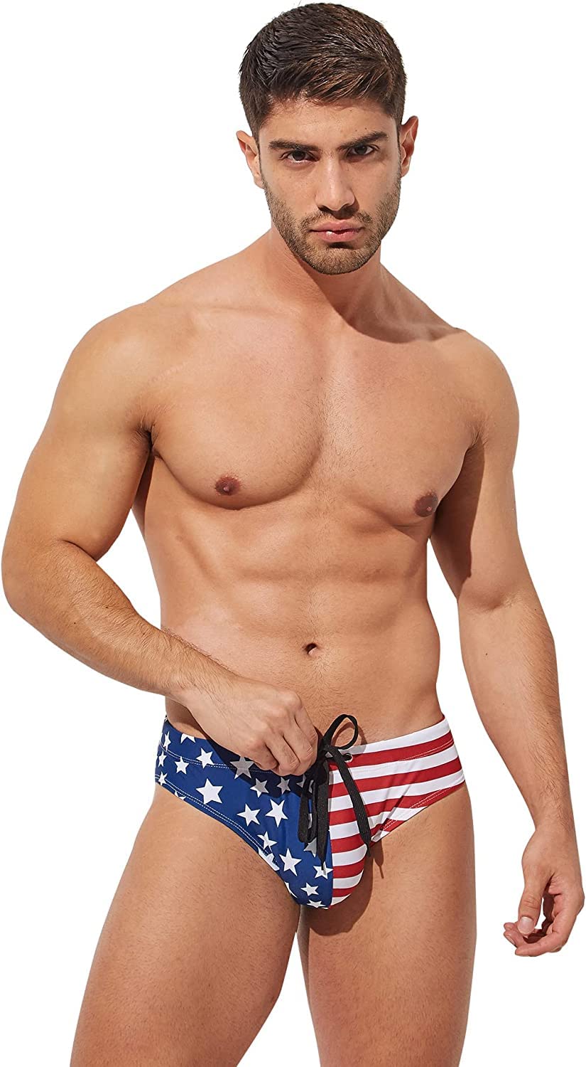 PINKY SENSON Men's American Flag Patriotic swimwear Fourth of July Stars & Stripes Swim Briefs L