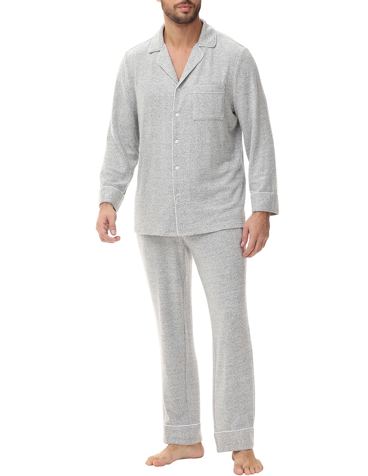Veseacky Mens Pajamas Set Flannel Long Sleeve Soft Pajamas for Men Button Down Sleepwear Nightwear Pjs Lounge Sets with Pockets (Grey,XL)