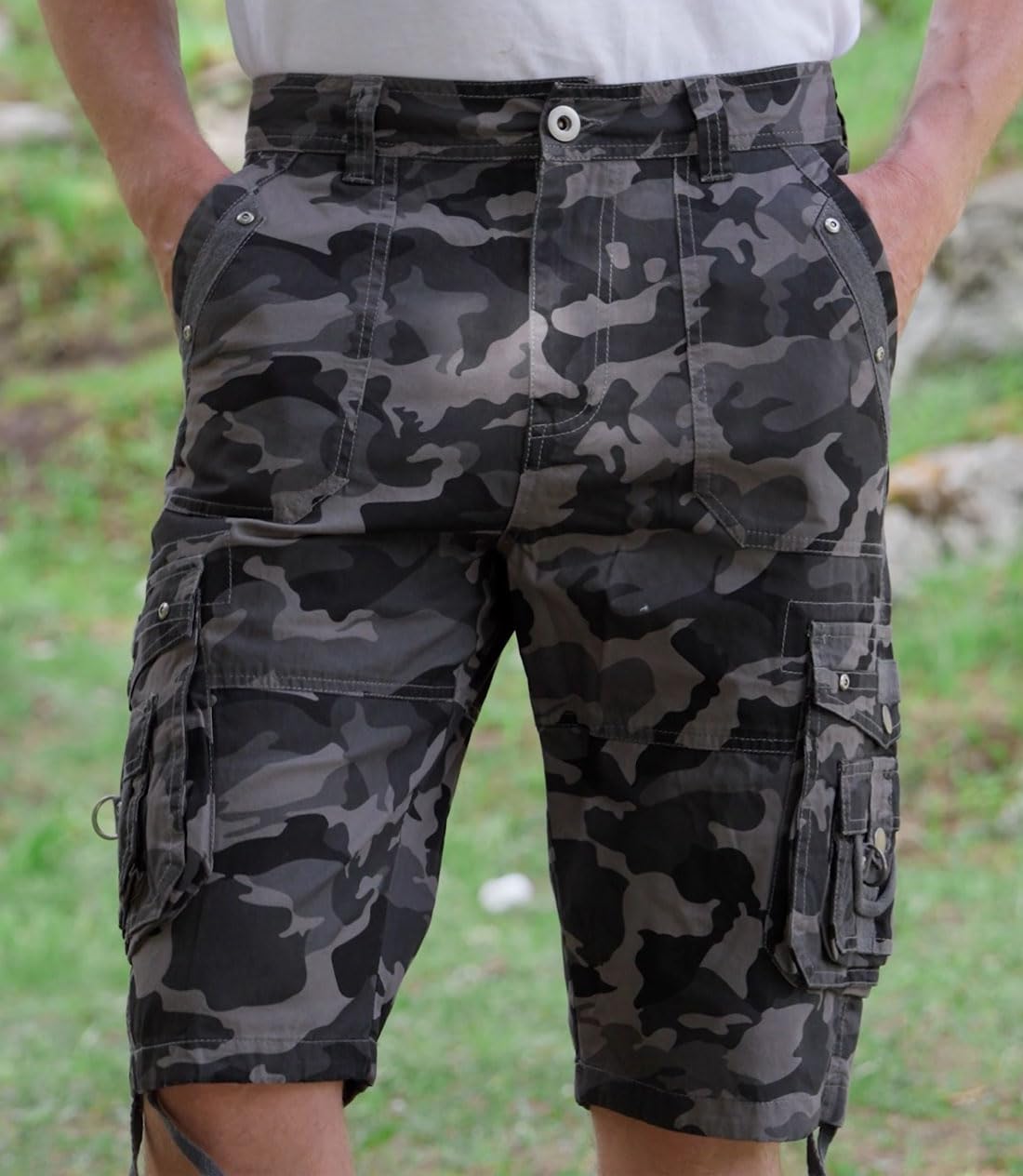 VOPOKER Mens Cargo Short Cotton Twill Relaxed Fit Multi Pocket Hiking Shorts Casual Classic Zipper Cargo Outdoor Work Black Camo 34