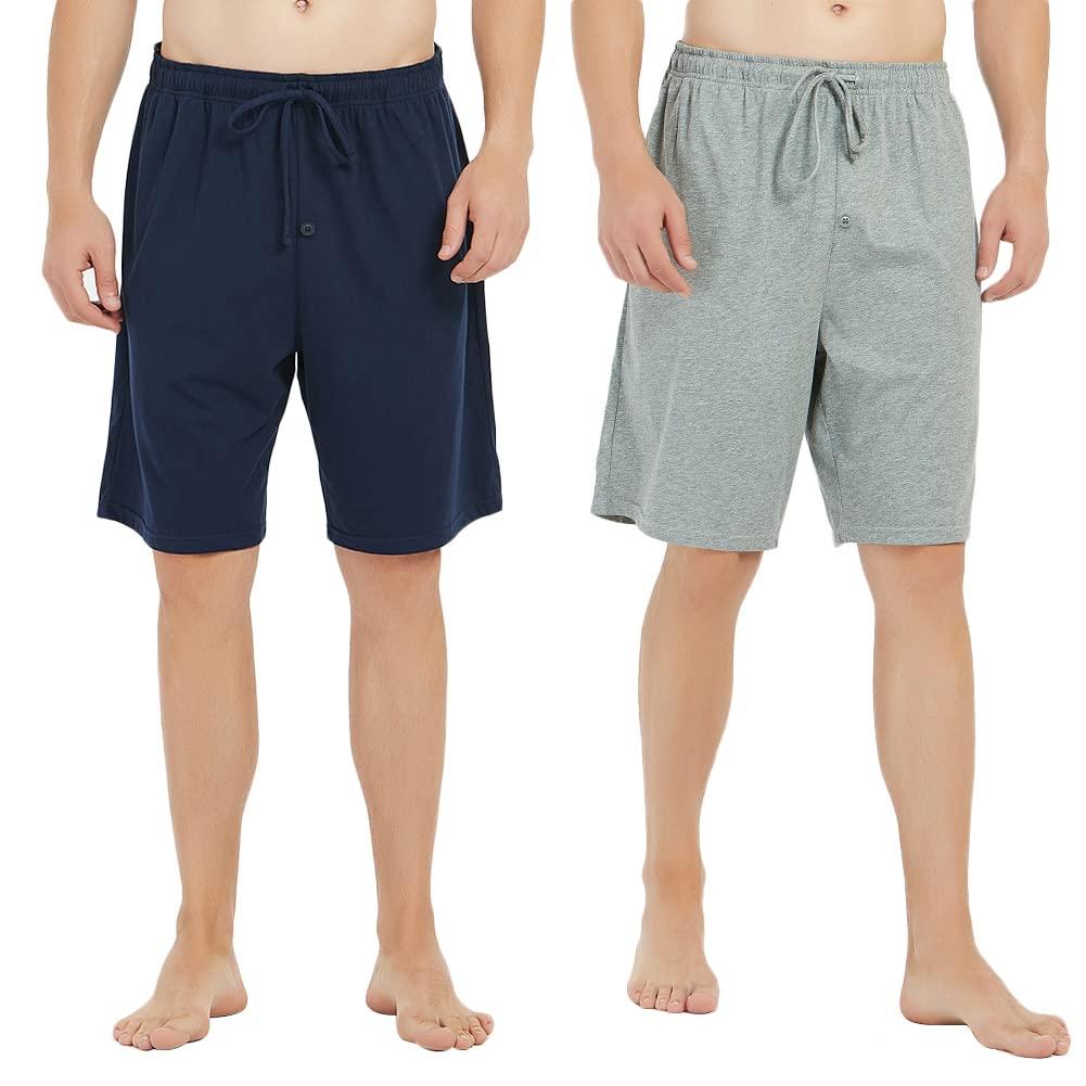 U2SKIIN 2 Pack Mens Cotton Pajama Shorts, Lightweight Lounge Pant with Pockets Soft Sleep Pj Shorts for Men(Navy/Light Grey Mel,L)