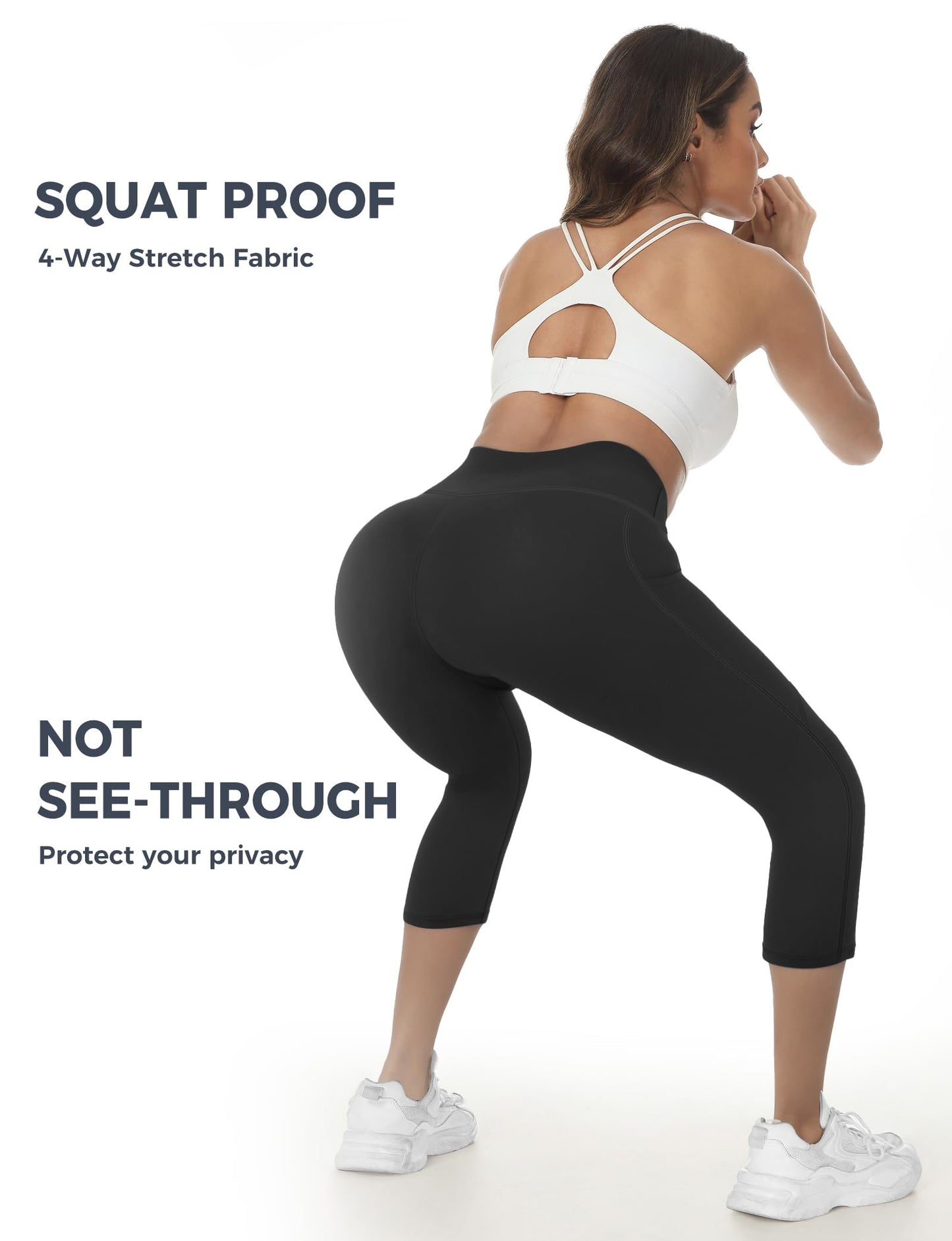 Buauty High Waisted Capri Leggings for Women with Pockets Yoga Pants Tummy Control Workout Gym Compression Non See Through Essential Stretch Spandex Athletic Leggings for Exercise Running Cycling