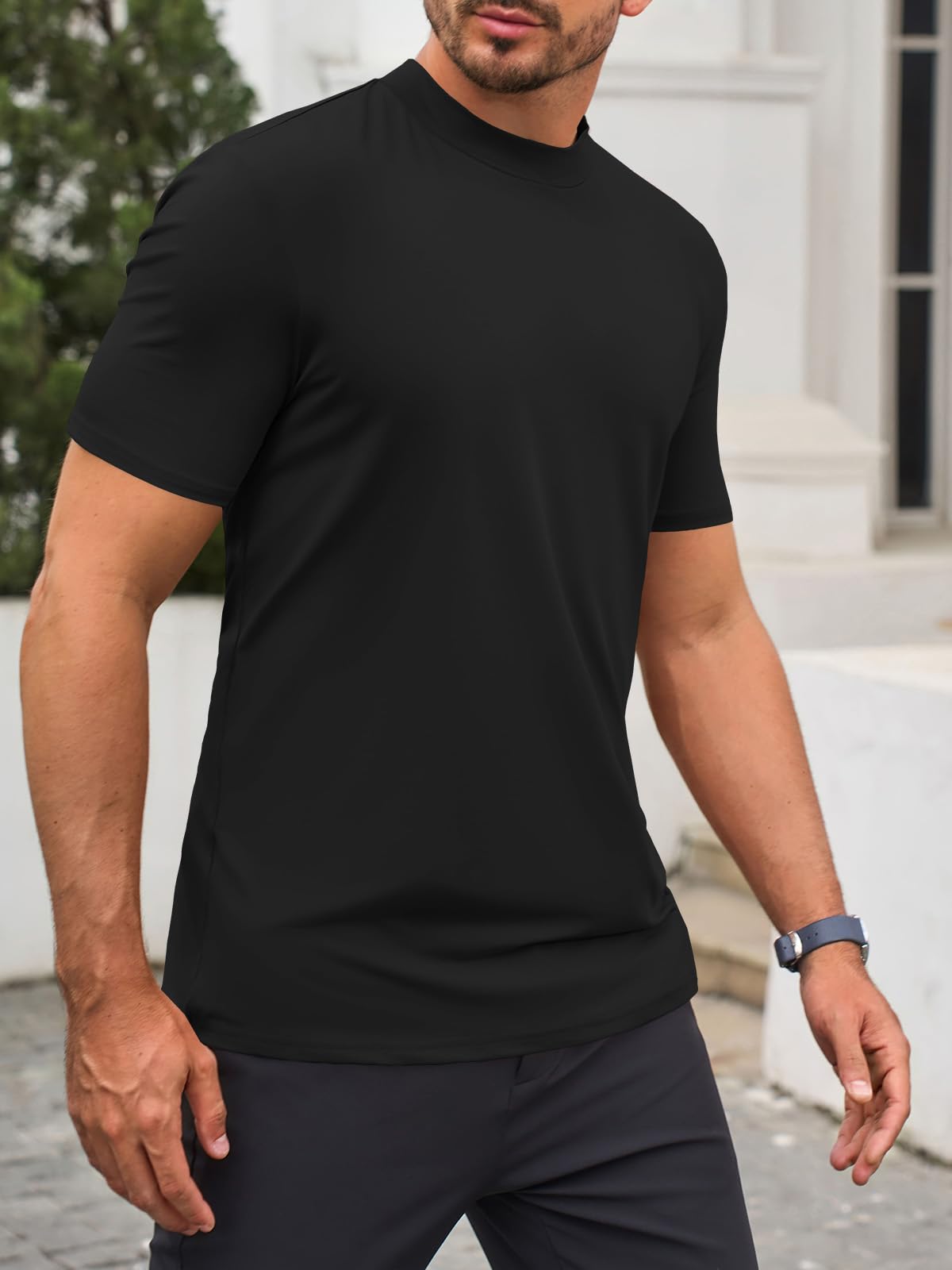 Makkrom Mens Mock Turtleneck T-Shirts Summer Short Sleeve Basic Tees Casual Solid Pullover Tops Black