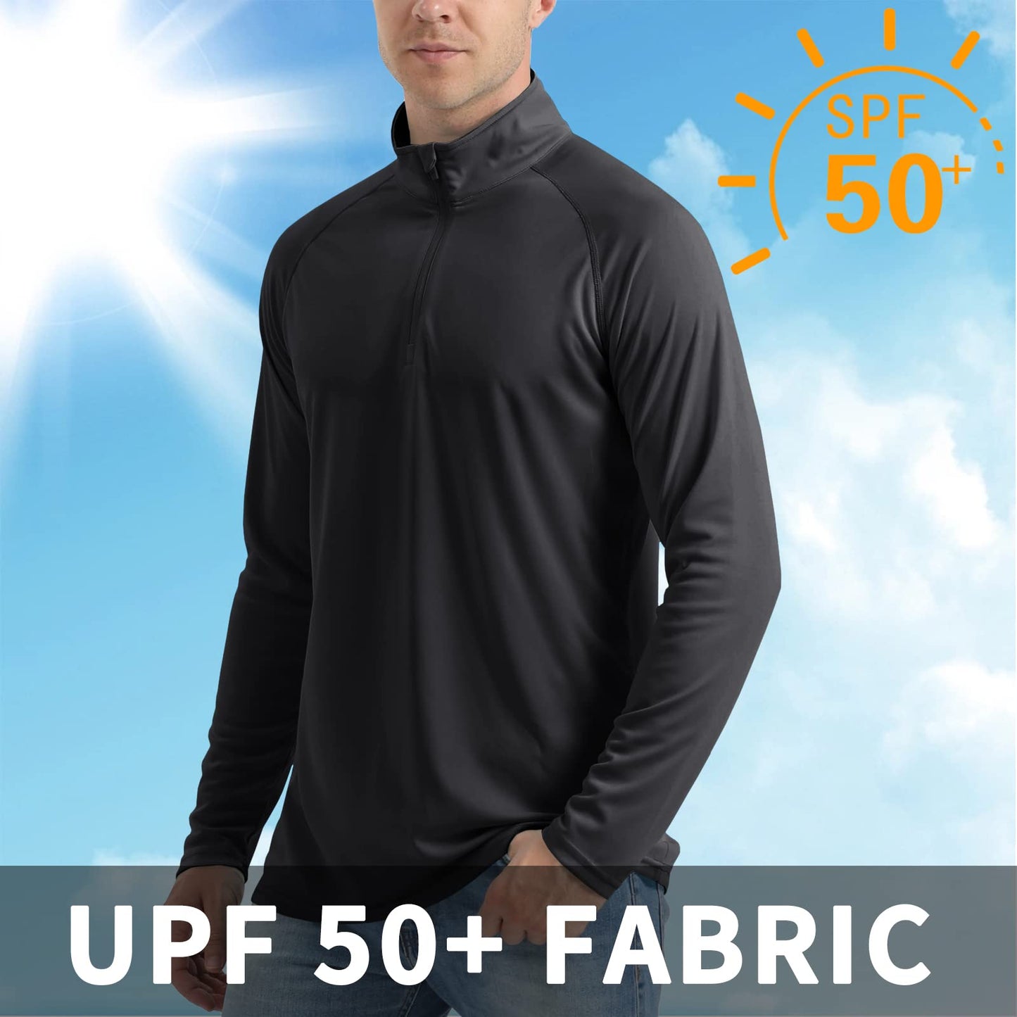 CRYSULLY Men's Sun Protection T Shirt 1 4 Zip Long Sleeve Fishing Rash Guard Performance Pullover Black XL