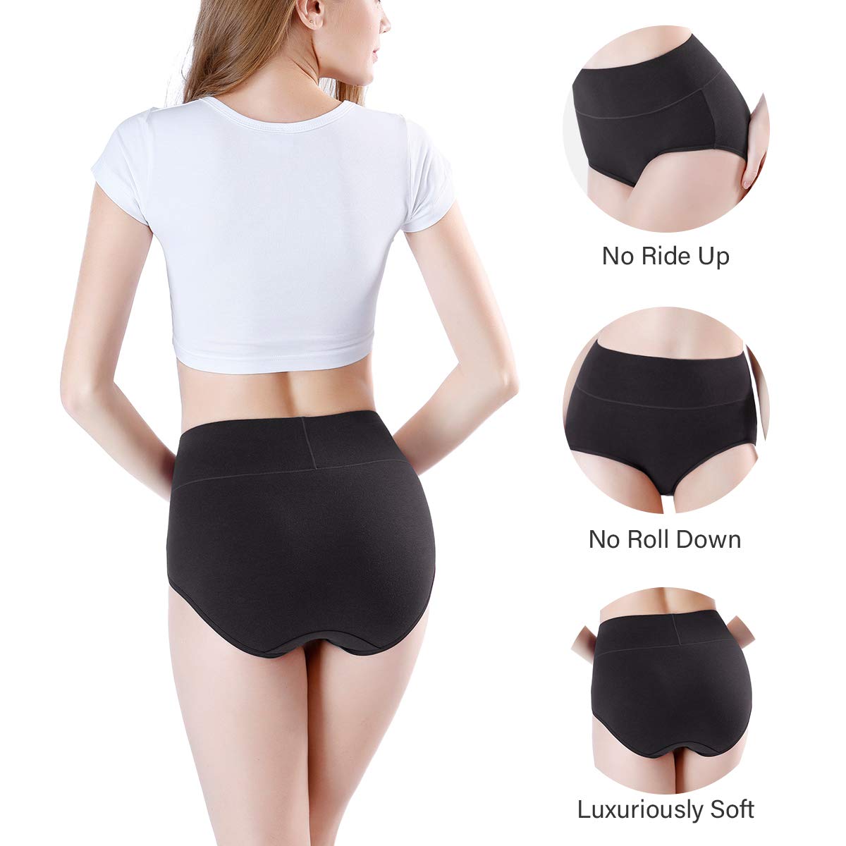 wirarpa Womens Cotton Underwear 4 Pack High Waist Briefs Light Tummy Control Ladies Comfort Stretch Panties Underpants Size XL,Black