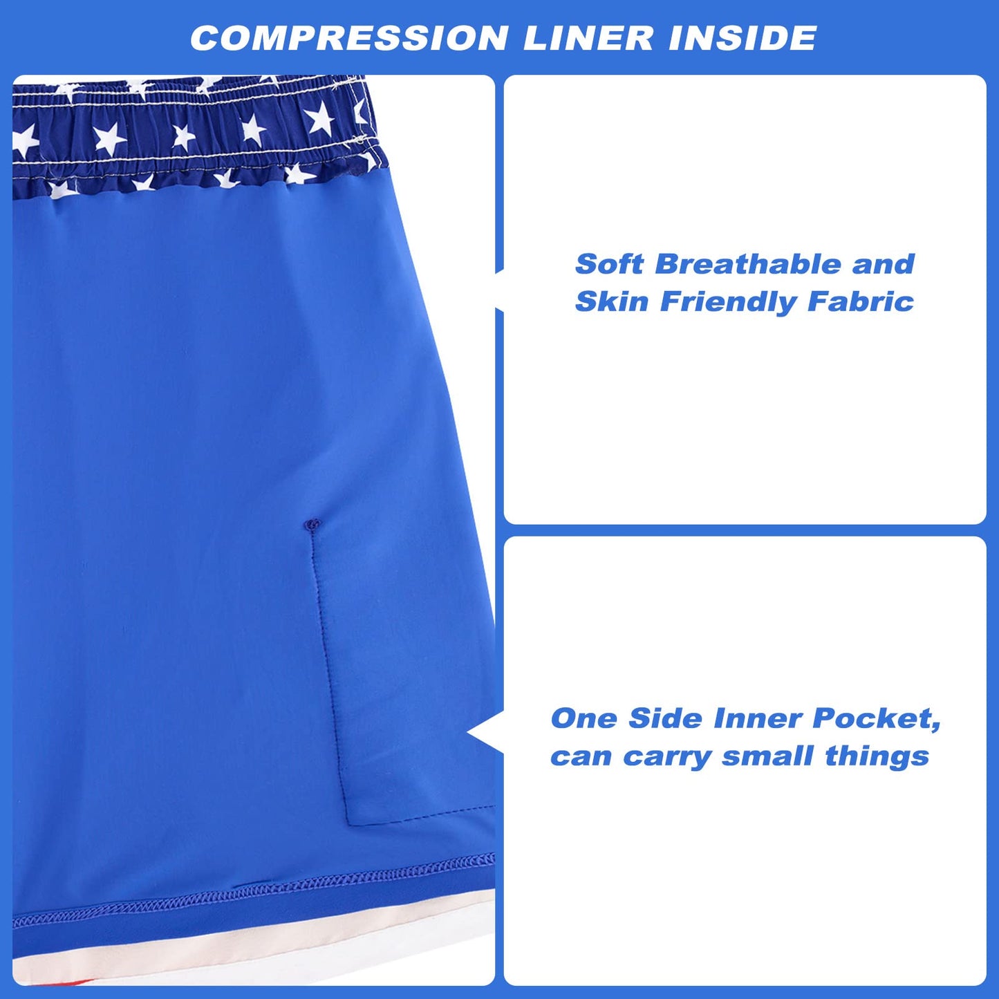 Cozople Mens Swim Trunks 4th of July Bathing Suit with Compression Liner Patriotic Swimming Shorts Beach Anti Chafe Swimming Trunk Swimwear White Red Stripe S