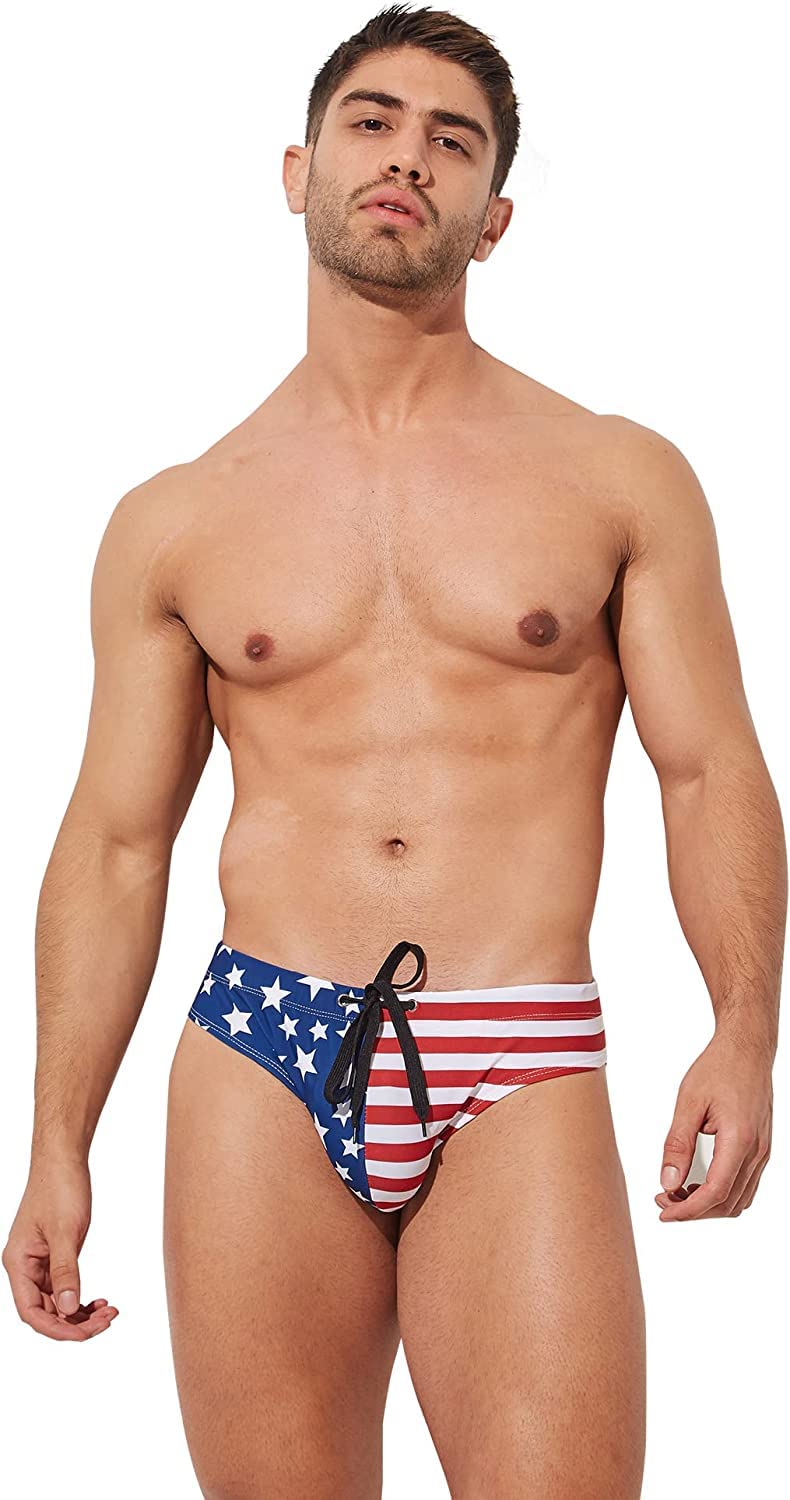 PINKY SENSON Men's American Flag Patriotic swimwear Fourth of July Stars & Stripes Swim Briefs L