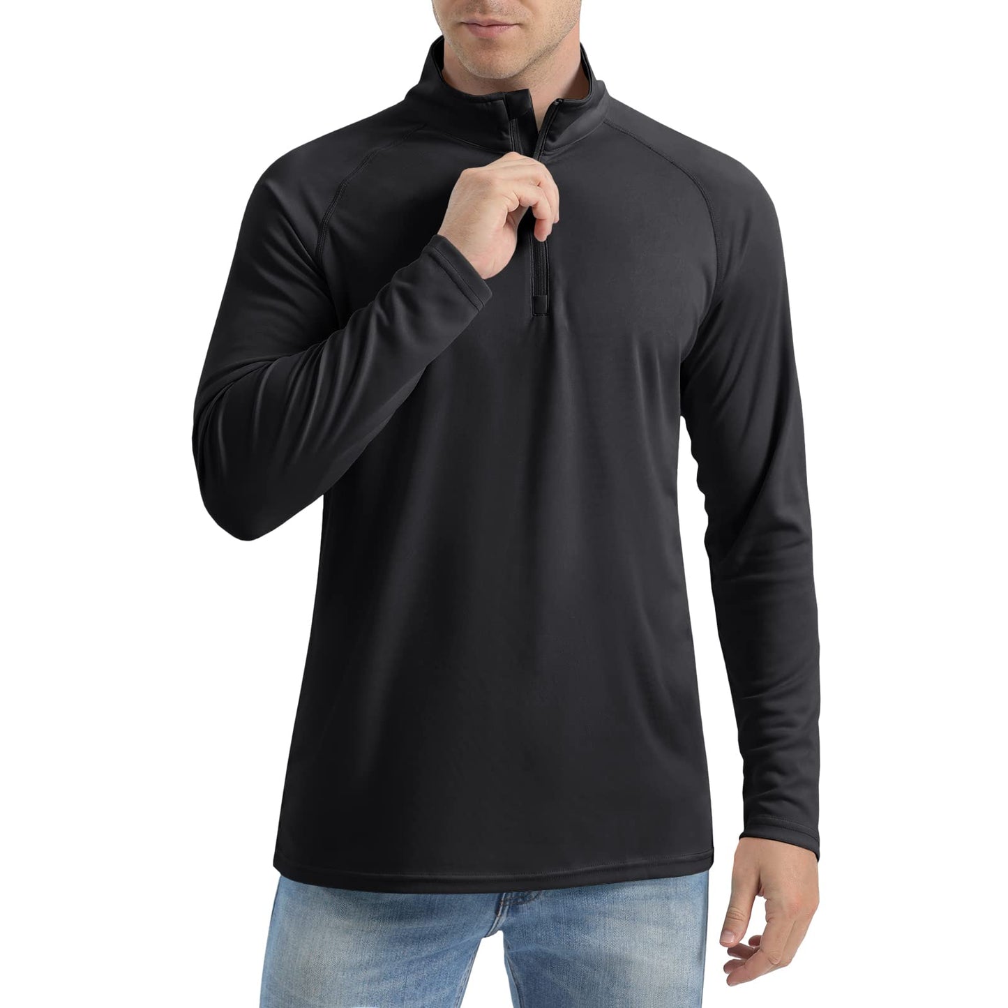 CRYSULLY Men's Sun Protection T Shirt 1 4 Zip Long Sleeve Fishing Rash Guard Performance Pullover Black XL