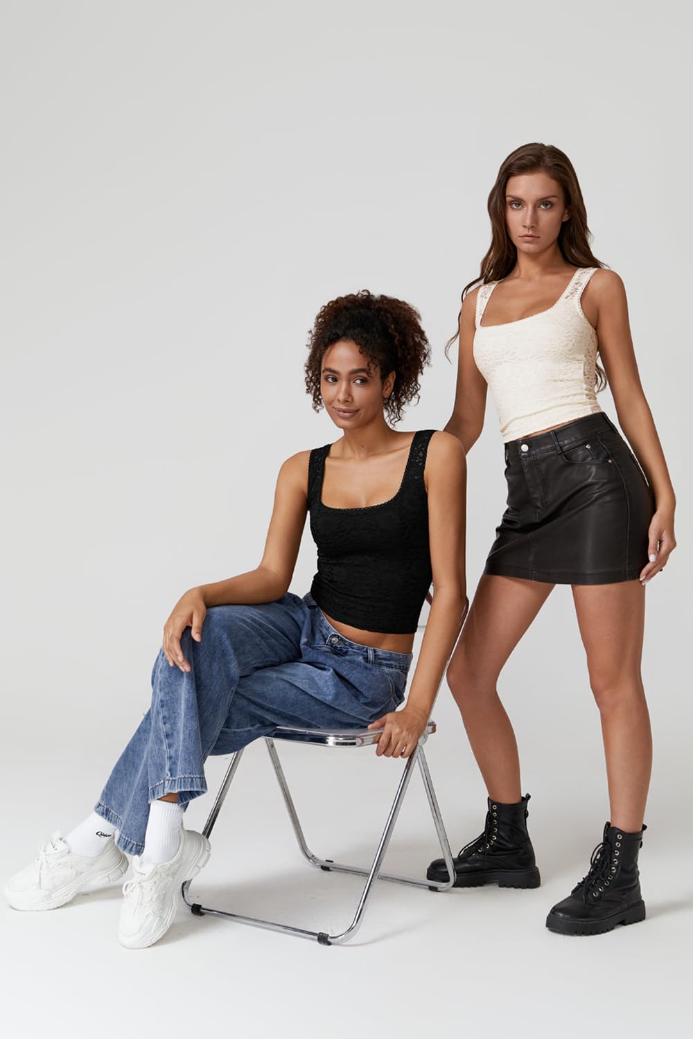 QINSEN Summer Sleeveless Lace Top for Women Tight Square Neck Soft Stretch Tank Top Off-White S