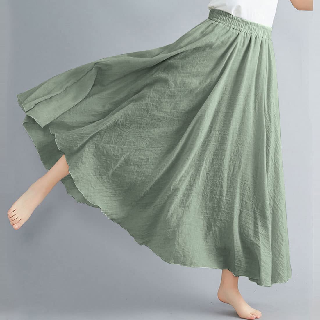 ASHER FASHION Women's Bohemian Style Elastic Waist Band Cotton Linen Long Maxi Skirt Dress (95CM, Light Green)