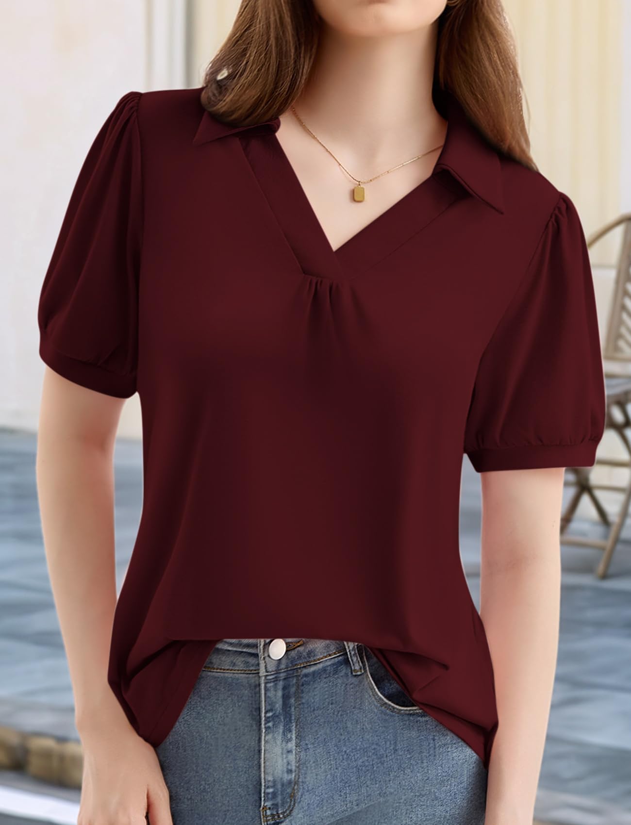 LA BAIESO Womens Puff Short Sleeve Polo Shirts V Neck Dressy Business Casual Summer Collared Tops Loose Tunic Cute Blouses