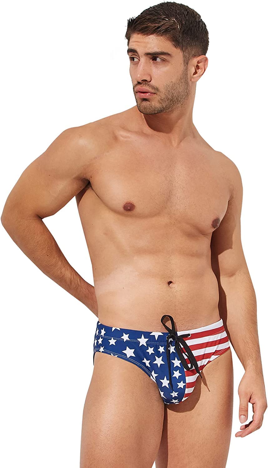PINKY SENSON Men's American Flag Patriotic swimwear Fourth of July Stars & Stripes Swim Briefs L
