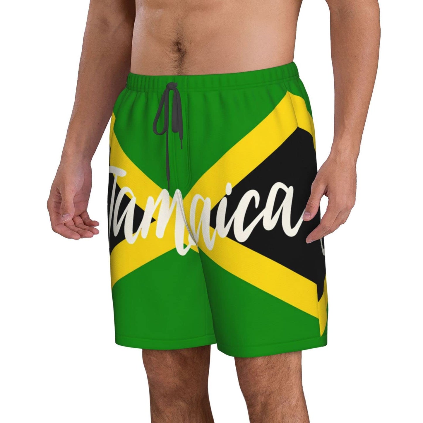 KAMQUERENCE Jamaica White Men's Swim Trunks Men's Swimsuit Quick Dry Board Shorts with Mesh Lining Beach Shorts Medium