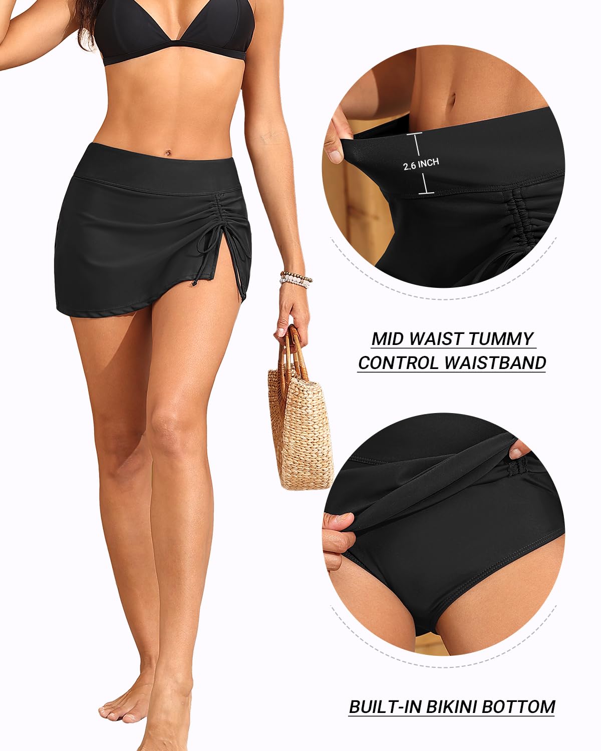 Daci Black High Waisted Swim Skirt - 2025 Side Slit Drawstring Bathing Suit Skirt Tummy Control Swim Skort for Women L