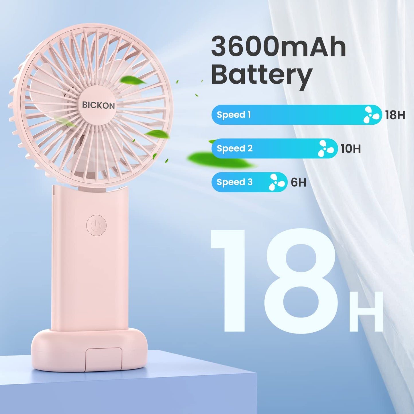 BICKON Handheld Portable Fan With USB Rechargeable Battery, 3 Adjustable Speed Personal Desk Table Fan With Base, Lightweight for Makeup, Travel, Outdoor Indoor Office - Women, Girls, Kids