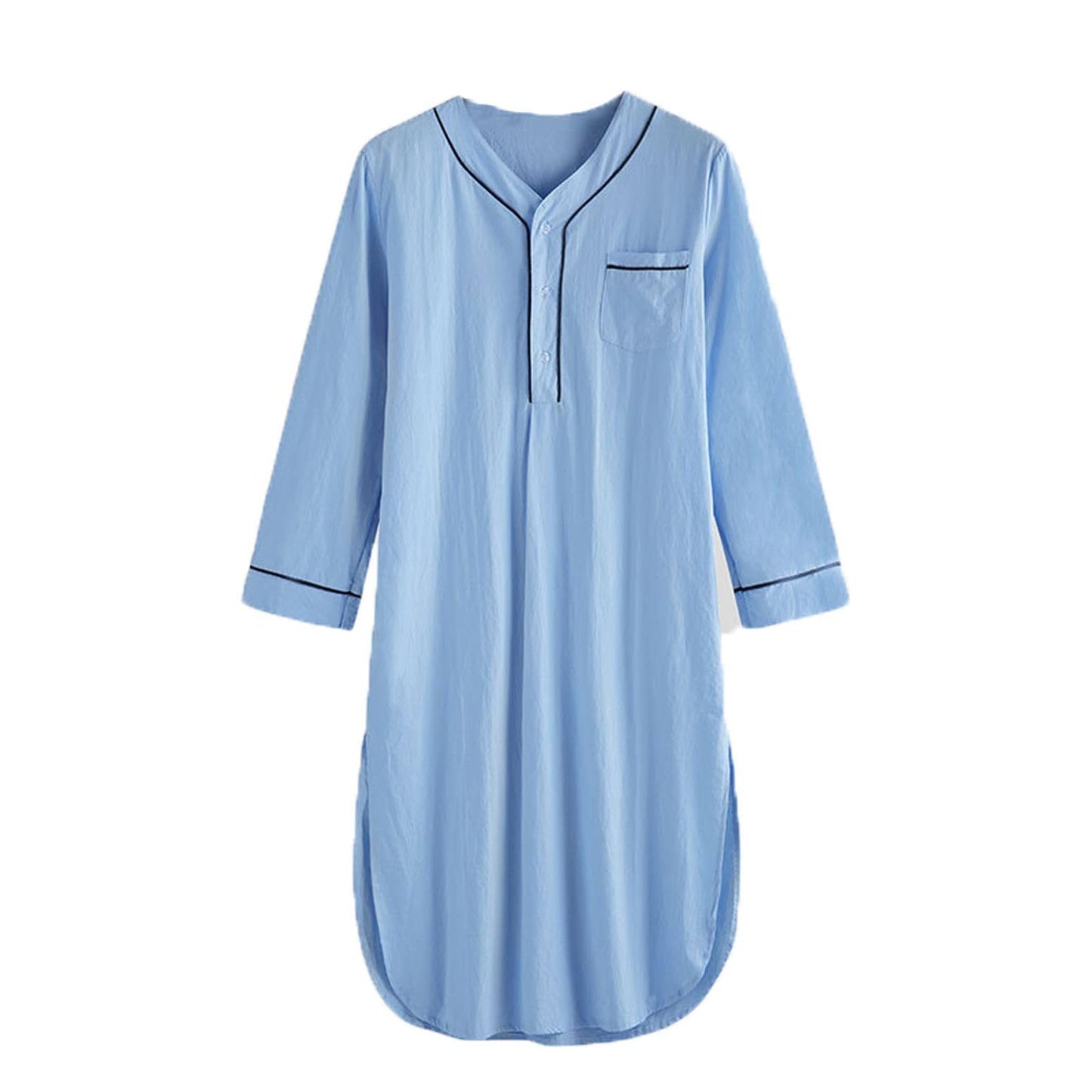 Xijadi Men's Nightshirt Cotton Night Shirt Thin Long Sleeve Henley Neck Button Spring Fall Sleepwear Soft Nightgown for Sleeping Knee Length Pajama Dress Loose Sleep Shirt Light Blue Large