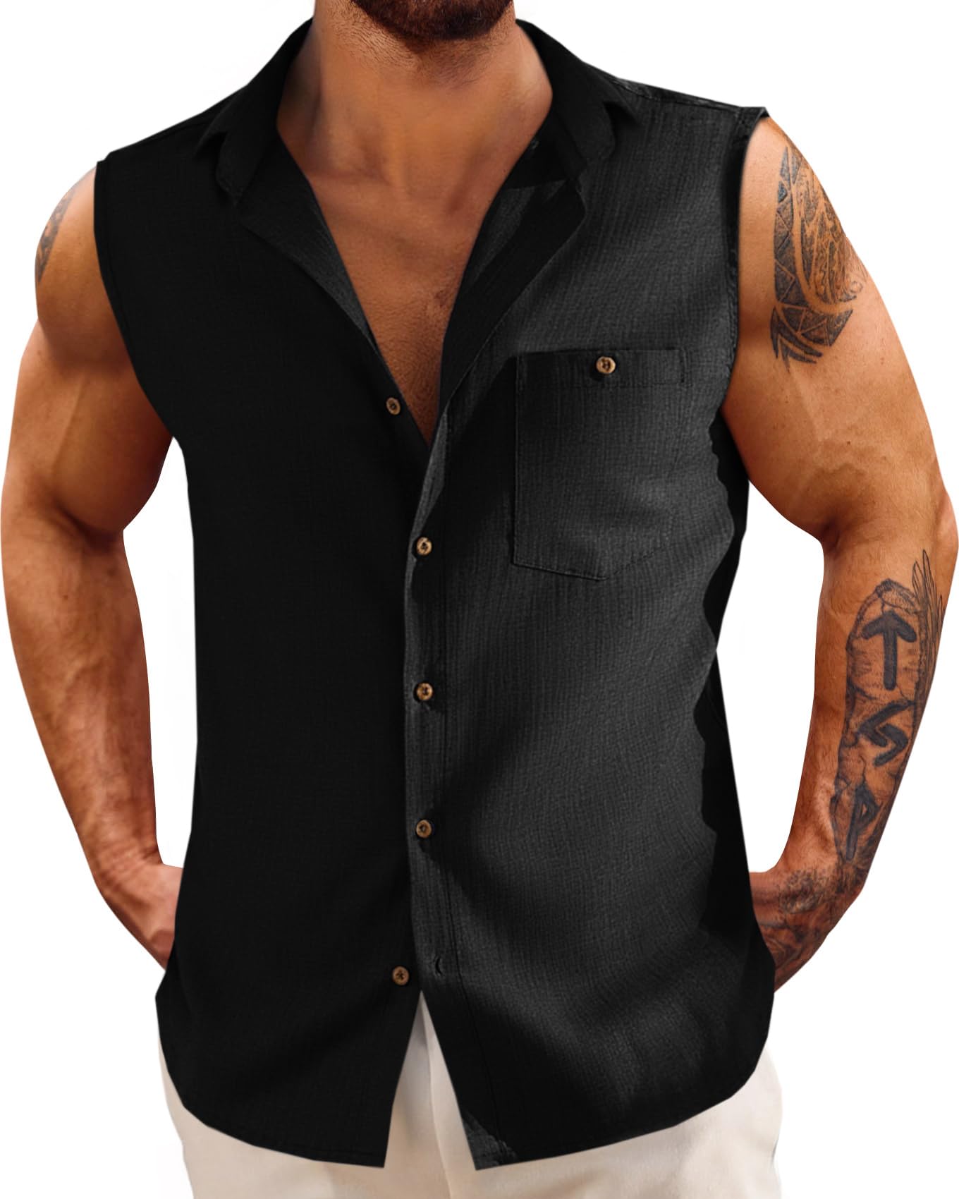 Fommykin Men's Linen Sleeveless Shirts Button Down Beach Tank Top Basic Solid Shirt Vest with Pocket Black