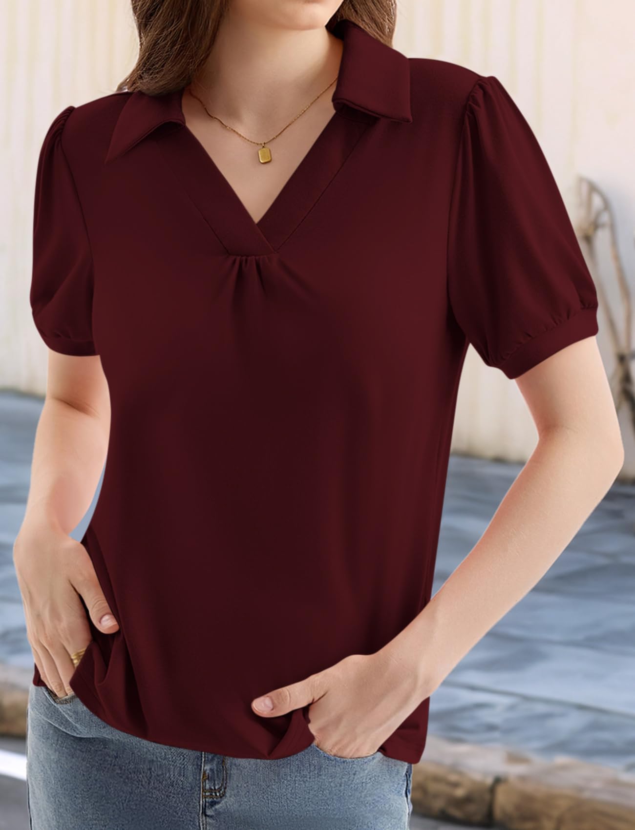 LA BAIESO Womens Puff Short Sleeve Polo Shirts V Neck Dressy Business Casual Summer Collared Tops Loose Tunic Cute Blouses