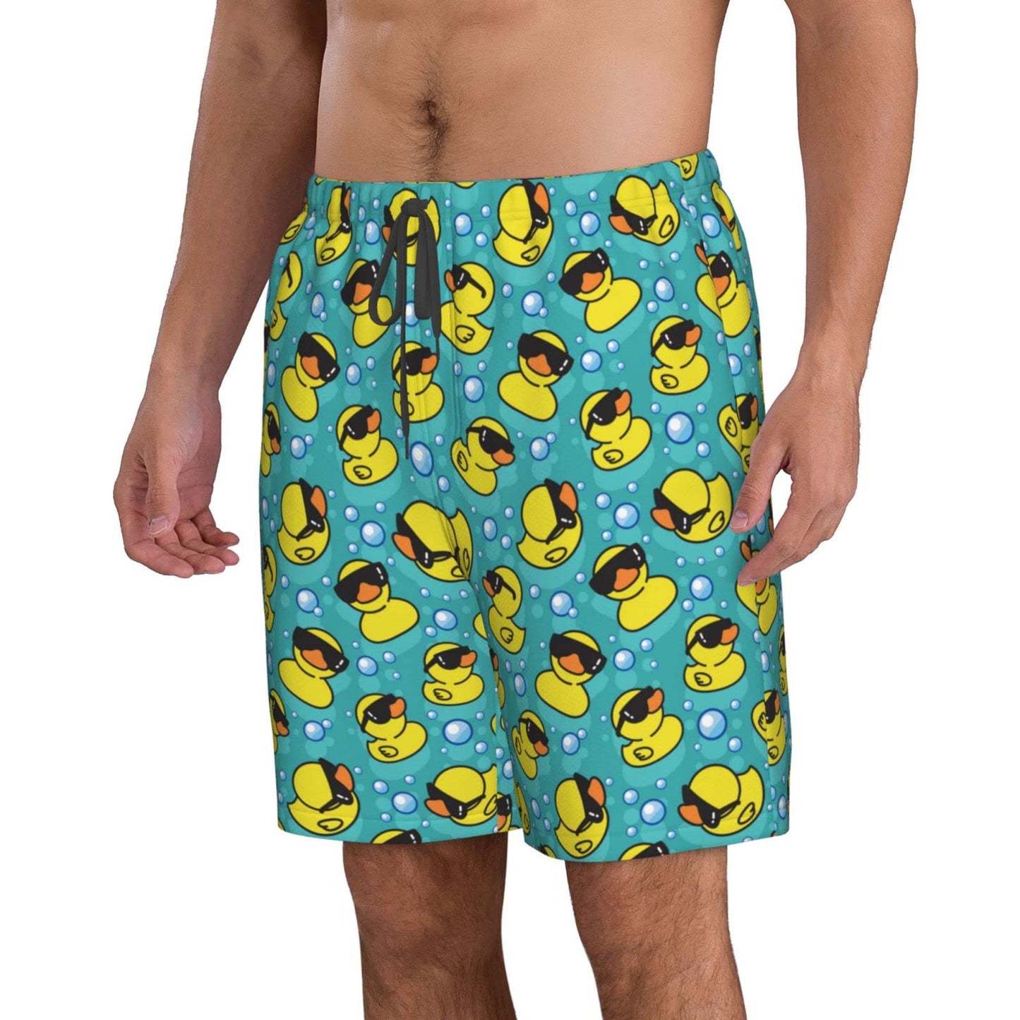 FREEHOTU Men's Swim Trunks Yellow Duck Sunglasses Teal Blue Beach Board Shorts Quick Dry Swimwear Sports with Pockets Large