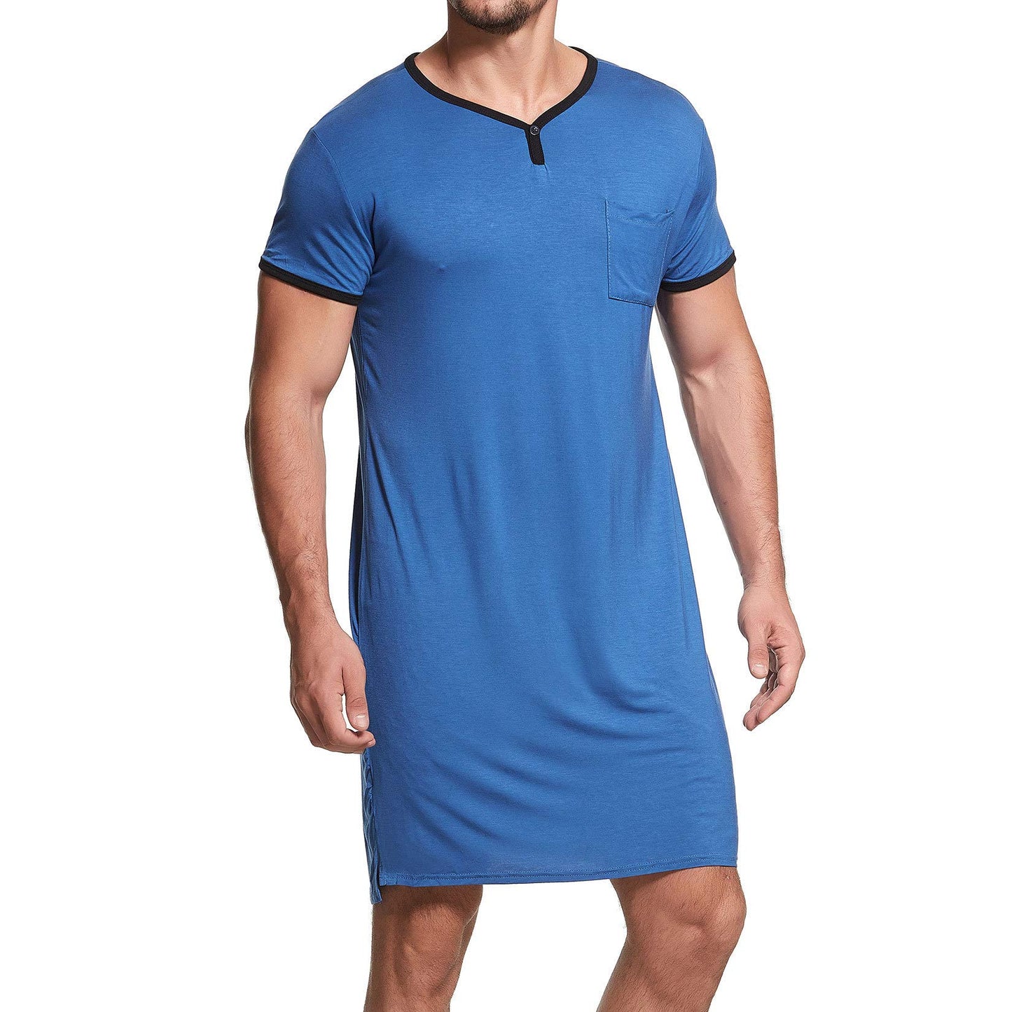 Lu's Chic Men's Short Sleeve Nightshirt Henley Pajama Top V Neck Nightgown Pocket Sleep Gown Sleepwear Loose Loungewear Sleeping Lounge Long Knee Shirt Casual Nightwear Plain Navy Large