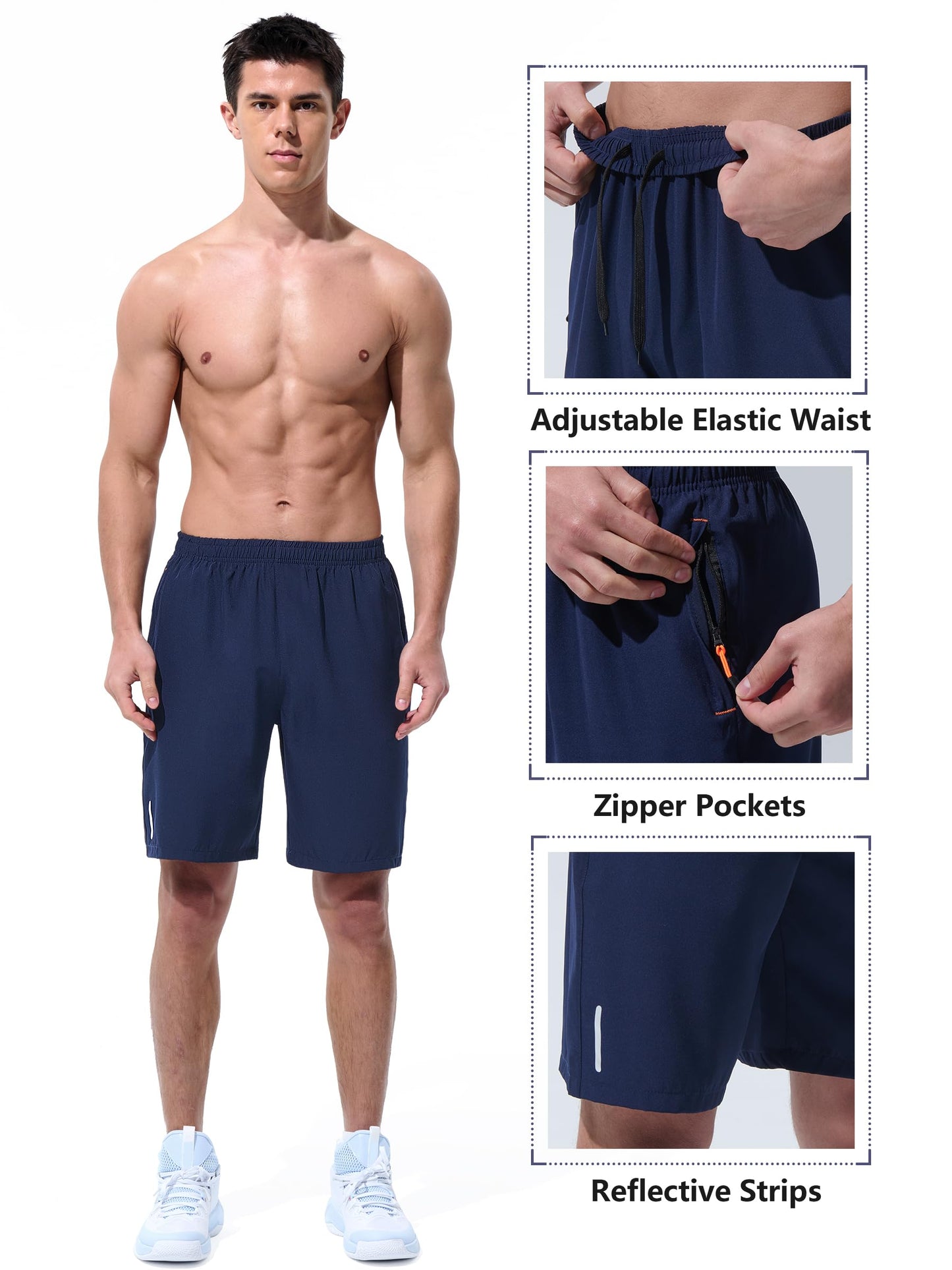 UIQUR Mens Athletic Shorts Running Shorts Quick Dry Workout Shorts 7"/ 9" Lightweight Gym Basketball Shorts Zipper Pockets Navy Blue L