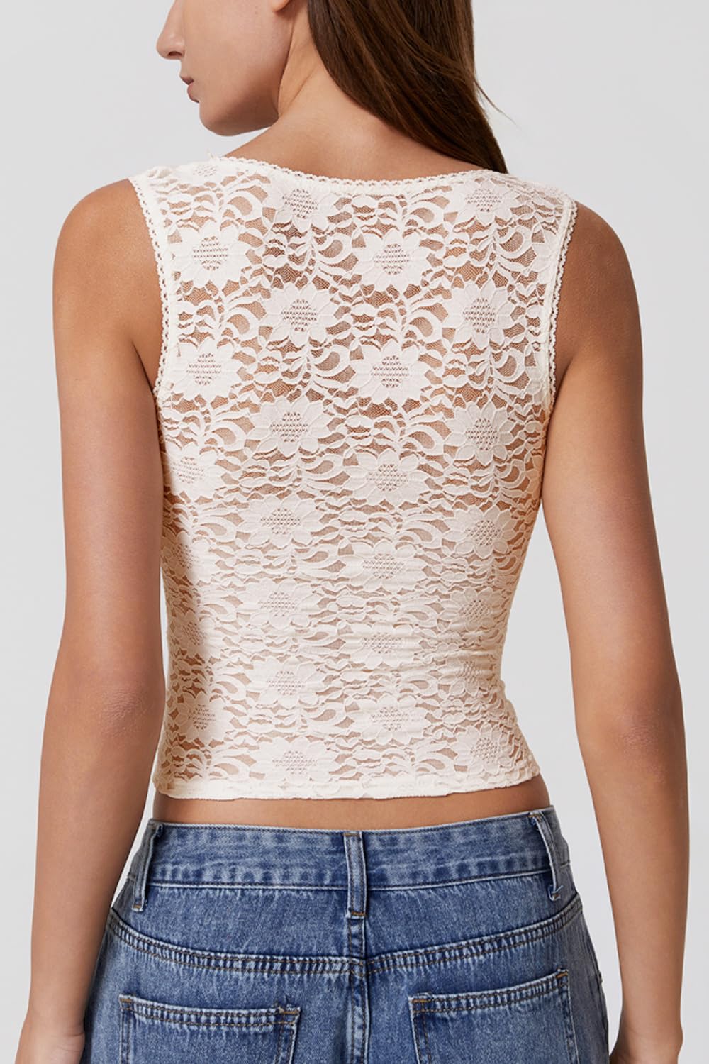 QINSEN Summer Sleeveless Lace Top for Women Tight Square Neck Soft Stretch Tank Top Off-White S