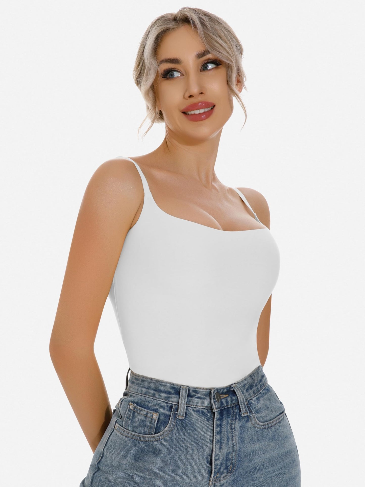 Artdear Women's Square Neck Tank Top Basic Spaghetti Straps Camisole Sexy Double Lined Cami Crop Tops Air Touch Fabric (Medium, White)